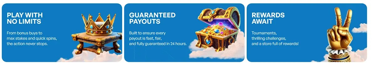 Three blue feature cards titled “Play With No Limits,” “Guaranteed Payouts,” and “Rewards Await,” illustrated with a crown on a stool, an open treasure chest, and a gold hand making a victory sign.