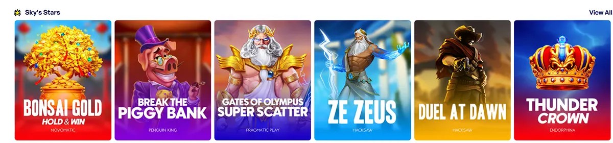 “Sky’s Stars” game carousel showing six slot thumbnails: Bonsai Gold Hold & Win, Break the Piggy Bank, Gates of Olympus Super Scatter, Ze Zeus, Duel at Dawn, and Thunder Crown, with a “View All” link.