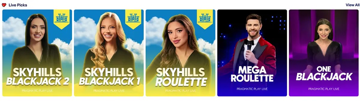 “Live Picks” carousel showing five live casino game tiles: Skyhills Blackjack 2, Skyhills Blackjack 1, Skyhills Roulette, Mega Roulette, and One Blackjack, each with a dealer image and a “View All” link.